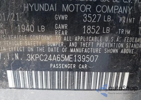 2021 Hyundai Accent Se z USA, uszkodzony, nr VIN 3KPC24A65ME139507